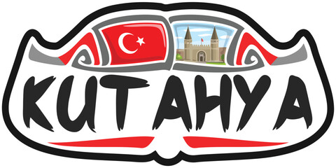 Kutahya Turkey Flag Travel Souvenir Sticker Skyline Landmark Logo Badge Stamp Seal Emblem Coat of Arms Vector Illustration SVG EPS