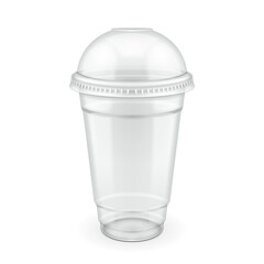 Mockup Empty Disposable Plastic Milkshake Cup With Lid. Transparent. Container For Cold, Drink. Juice Fresh, Coffee, Tea. Illustration Isolated On White Background Mock Up Template For Your Design.