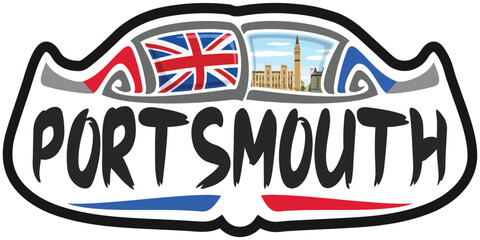 Portsmouth UK United Kingdom Flag Travel Souvenir Sticker Skyline Landmark Logo Badge Stamp Seal Emblem Coat of Arms Vector Illustration SVG EPS