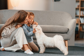 Playing with pet. Mother with daughter is at home with maltese dog