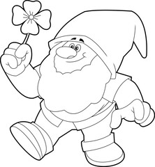 Outlined Happy Gnome Or Dwarf Cartoon Character With Four Leaf Clover. Vector Hand Drawn Illustration Isolated On Transparent Background