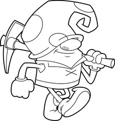 Outlined Funny Gnome Or Dwarf Cartoon Character Miner Walking With Pickaxe. Vector Hand Drawn Illustration Isolated On Transparent Background