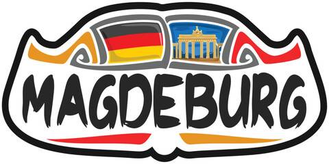 Magdeburg Germany Flag Travel Souvenir Sticker Skyline Landmark Logo Badge Stamp Seal Emblem Coat of Arms Vector Illustration SVG EPS