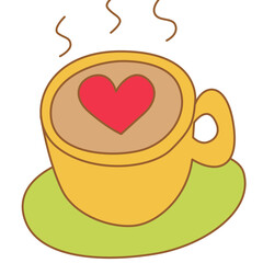 Coffee mug heart screen, hand drawn cute cartoon doodle coffee cup or tea mug. Loves hot coffee and tea time. Love Valentine and wedding concept. Cute cartoon for decorating the wedding card.