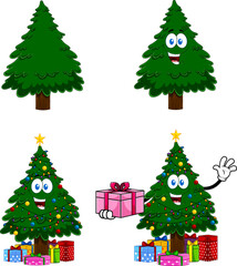 Happy Green Christmas Tree Cartoon Characters. Vector Hand Drawn Collection Set Isolated On Transparent Background