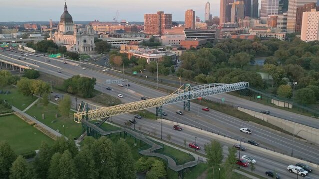 4K Aerial View Of Loring Park Pedestrian Bridge Across Interstate 94 Minneapolis