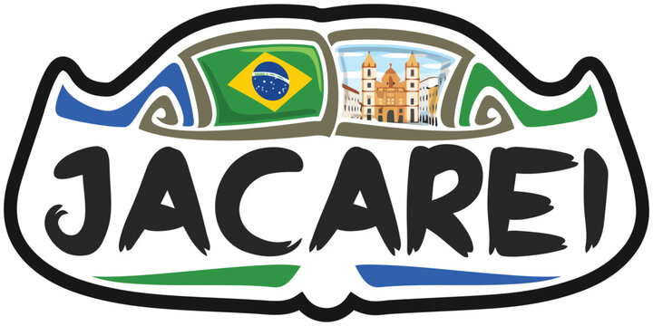 Jacarei Brazil Flag Travel Souvenir Sticker Skyline Landmark Logo Badge Stamp Seal Emblem Coat of Arms Vector Illustration SVG EPS