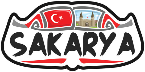 Sakarya Turkey Flag Travel Souvenir Sticker Skyline Landmark Logo Badge Stamp Seal Emblem Coat of Arms Vector Illustration SVG EPS