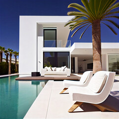 Fototapeta na wymiar Luxury house exterior with a pair of sunbeds in a deck by the pool
