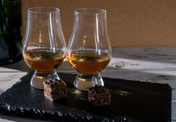Scotch single malt and blended whisky tasting on distillery in Scotland close up