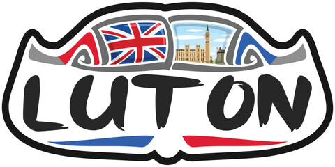 Luton UK United Kingdom Flag Travel Souvenir Sticker Skyline Landmark Logo Badge Stamp Seal Emblem Coat of Arms Vector Illustration SVG EPS