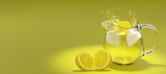 Half of a lemmon fruit dropped into a glass jug of lemmon juice making a splash