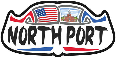 North Port USA United States Flag Travel Souvenir Sticker Skyline Landmark Logo Badge Stamp Seal Emblem Coat of Arms Vector Illustration SVG EPS