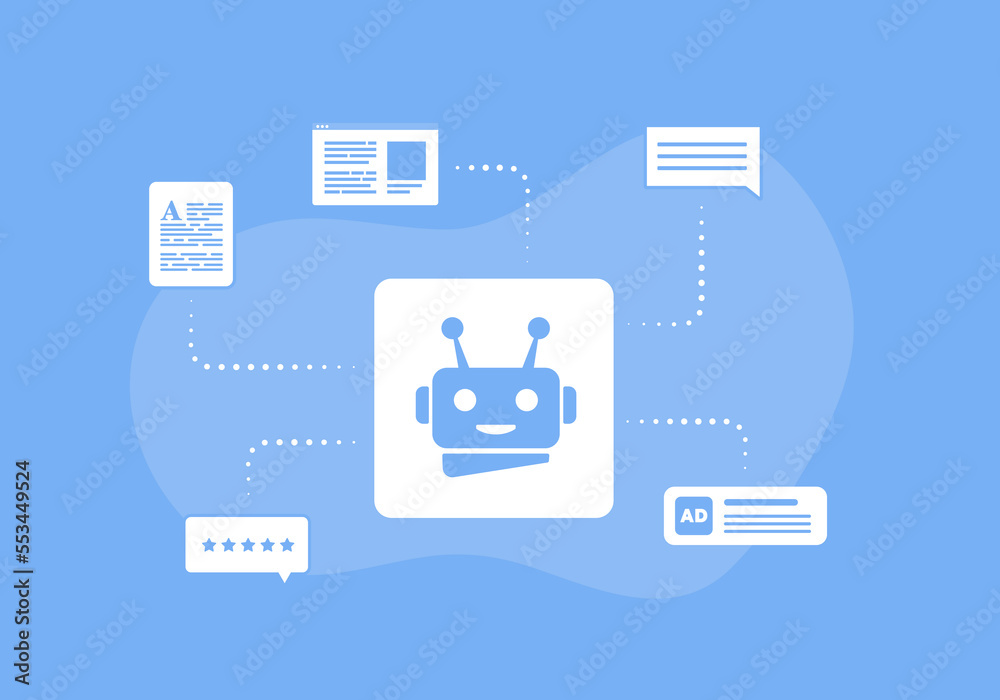 Poster ai content generator and artificial intelligence writer bot concept. developing content for ecommerc