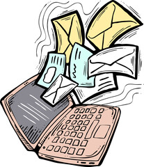 Email marketing vector, online remote laptop home working. Corporate communication, clients feedback, promotion strategi with digital post advertisement. Mailing letter list media business. Hand drawn