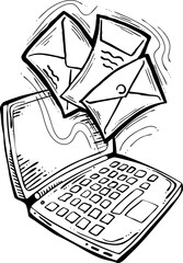Email marketing vector, online remote laptop home working. Corporate communication, clients feedback, promotion strategi with digital post advertisement. Mailing letter list media business. Hand drawn