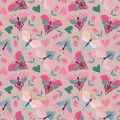 Butterflies and flowers seamless pattern, Romantic repeat wallpaper, Valentine's Day butterflies background, Butterflies and moths in Scandinavian style © VitaZukaArt