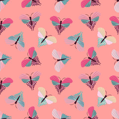 Fototapeta na wymiar Butterfly seamless pattern, Romantic repeat wallpaper, Valentine's Day butterflies background, Butterflies and moths in scandinavian style, Perfect for spring holidays, wallpaper, greeting cards