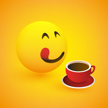 3D Smiling Mouth Licking Face, View from Side with Coffee Cup - Simple Happy Emoticon on Yellow Background - Vector Design