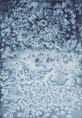 Watercolor indigo background. Dark blue abstract waved texture. Ice and frost on windows imitation. Hand-drawn high resolution texture for posters, postcards, prints, invitations, and other.