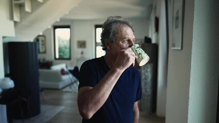 A contemplative mature man stands at home drinking cup of coffee or tea at living room. Portrait of a pensive senior male person in 70s - Powered by Adobe