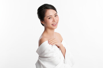 Beautiful young asian woman with clean fresh skin on white background, Face care, Facial treatment,...