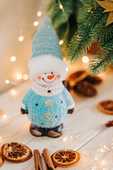 Closeup greetingof snowman winter toy decoration. Christmas card holidays