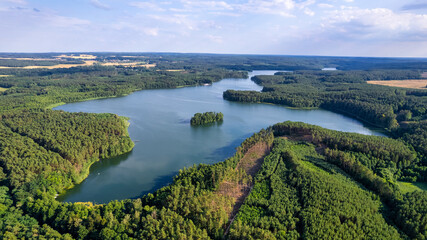 Aerial view of the forest on a sunny summer day. top down the drone. Poland near the city of...