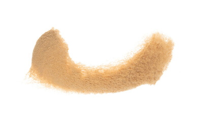 Small size fine Sand flying explosion, Golden grain wave explode. Abstract cloud fly. Yellow colored sand splash silica in Air. White background Isolated high speed shutter, throwing freeze shot