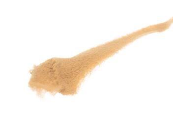 Small size fine Sand flying explosion, Golden grain wave explode. Abstract cloud fly. Yellow colored sand splash silica in Air. White background Isolated high speed shutter, throwing freeze shot