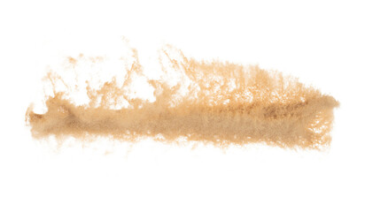 Small size fine Sand flying explosion, Golden grain wave explode. Abstract cloud fly. Yellow colored sand splash silica in Air. White background Isolated high speed shutter, throwing freeze shot