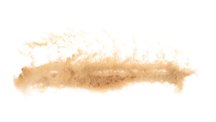 Small size fine Sand flying explosion, Golden grain wave explode. Abstract cloud fly. Yellow colored sand splash silica in Air. White background Isolated high speed shutter, throwing freeze shot