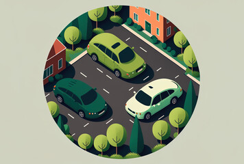 Three vehicles parked in a green circle. Generative AI