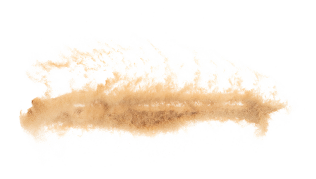 Small size fine Sand flying explosion, Golden grain wave explode. Abstract cloud fly. Yellow colored sand splash silica in Air. White background Isolated high speed shutter, throwing freeze shot