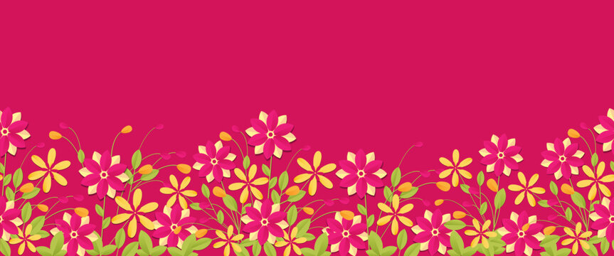 Seamless border with flowers in paper cut style.