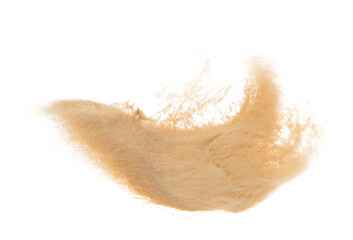 Small size fine Sand flying explosion, Golden grain wave explode. Abstract cloud fly. Yellow...