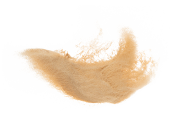 Small size fine Sand flying explosion, Golden grain wave explode. Abstract cloud fly. Yellow colored sand splash silica in Air. White background Isolated high speed shutter, throwing freeze shot