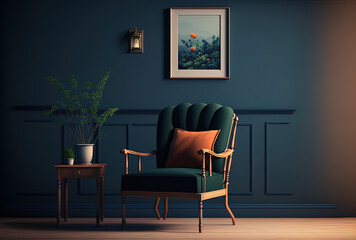Interior of a living room with a chair against a blank, dark blue wall. Generative AI