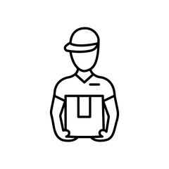Deliveryman with parcel isolated courier holding cardboard box thin line icon. Vector outline postman with package. Delivery, postal service, express shipping and food delivery, online orders