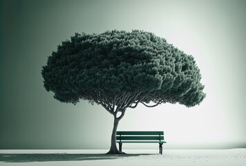 Monochrome image of a bench and a tree on a soft green backdrop. Generative AI
