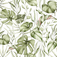 Tropical leaves watercolor seamless pattern. Monstera, palm tree and jungle plants background. Botanical texture for fabric, textile, wallpaper. - 553456323
