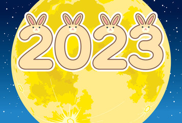 Fototapeta premium うさ耳の2023と夜空に浮かぶ月のイラスト（文字なし）【2023年（令和5年）年賀状テンプレート】