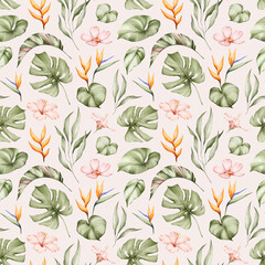 Tropical plants watercolor seamless pattern. Monstera, strelitzia, hibiscus flowers and jungle leaves background. Botanical texture for fabric, textile, wallpaper.