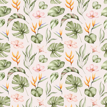 Tropical plants watercolor seamless pattern. Monstera, strelitzia, hibiscus flowers and jungle leaves background. Botanical texture for fabric, textile, wallpaper.