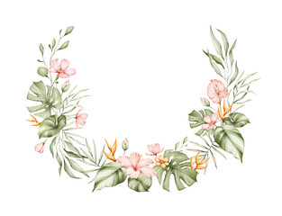 Tropical leaves watercolor wreath. Monstera, hibiscus flowers, strelitzia, palm tree and other jungle plants. Floral frame, botanical card for wedding invitation. 