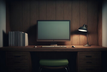 minimalist wood office with an empty monitor. Generative AI