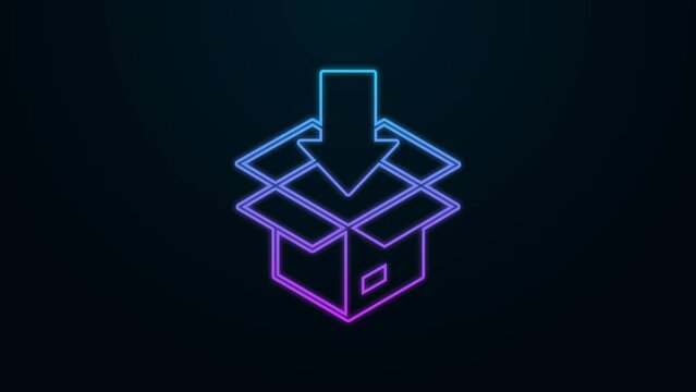 Glowing neon line Carton cardboard box icon isolated on black background. Box, package, parcel sign. Delivery and packaging. 4K Video motion graphic animation
