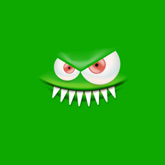 Vector funny angry green monster face with open mouth with fangs and evil eyes isolated on green background. Halloween cute and angry monster design template for poster, banner and tee print