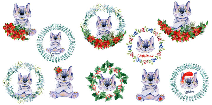 Watercolor cute animal wolf, rosehip wreath, hand drawn portrait illustration isolated on white background. Beautiful floral arrangement with watercolor cute wolf and wildflowers. retro cartoon wolf