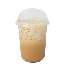 Summer drink Fresh Iced coffee nescafe in plastic glass with straw. There is a mixture of milk to drink and feel refreshed. Including clipping path. Selective focus.	